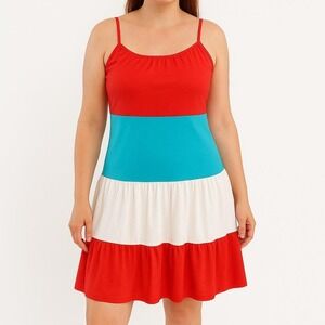 Vintage Normandy Colorblock Mini Dress Red Turquoise White Style 9008 USA Made M